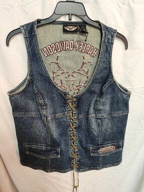 Vtg Harley-Davidson Lace-up Vest Embroidered Back With Jewels